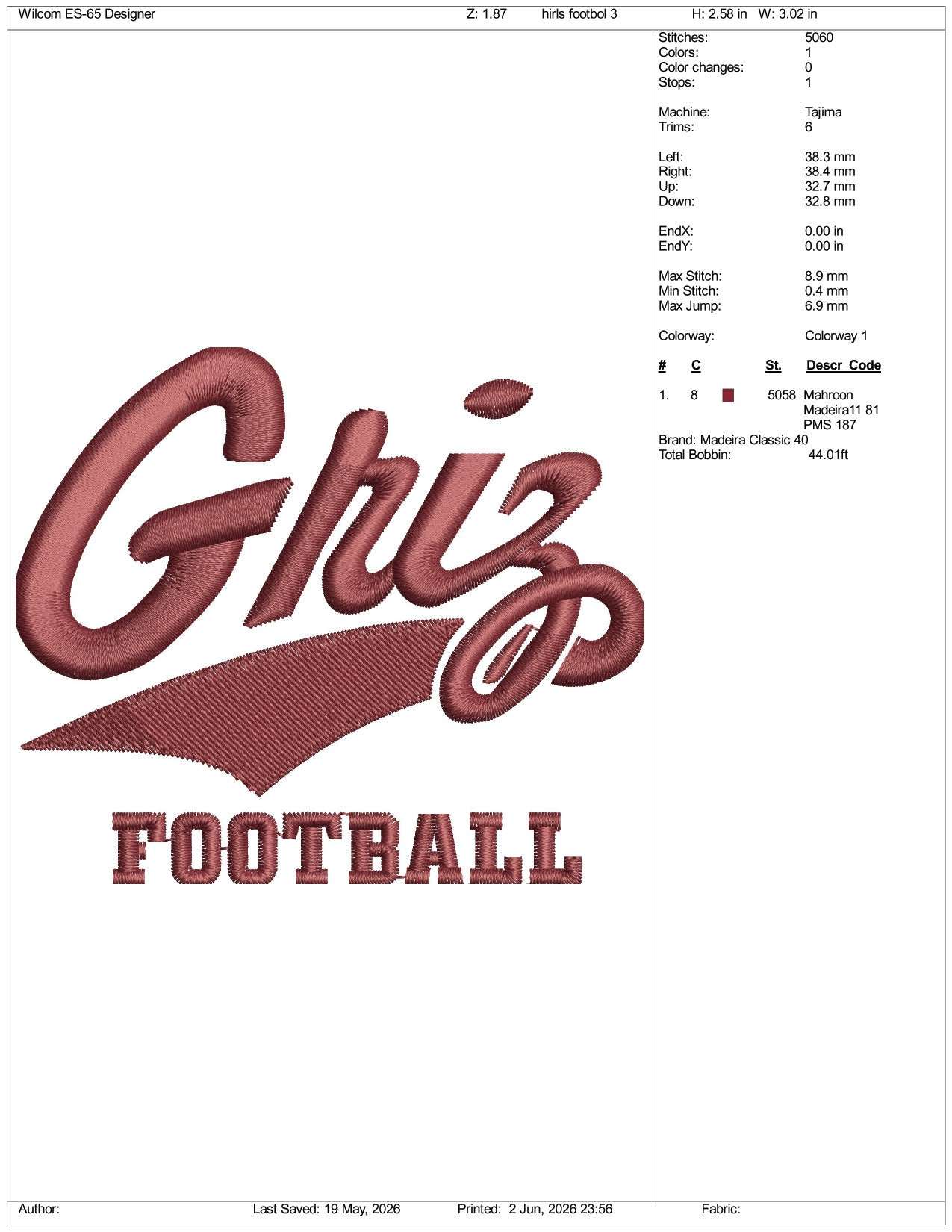 Montana Grizzlies Football Logo Embroidery Design Files - 3 Size's