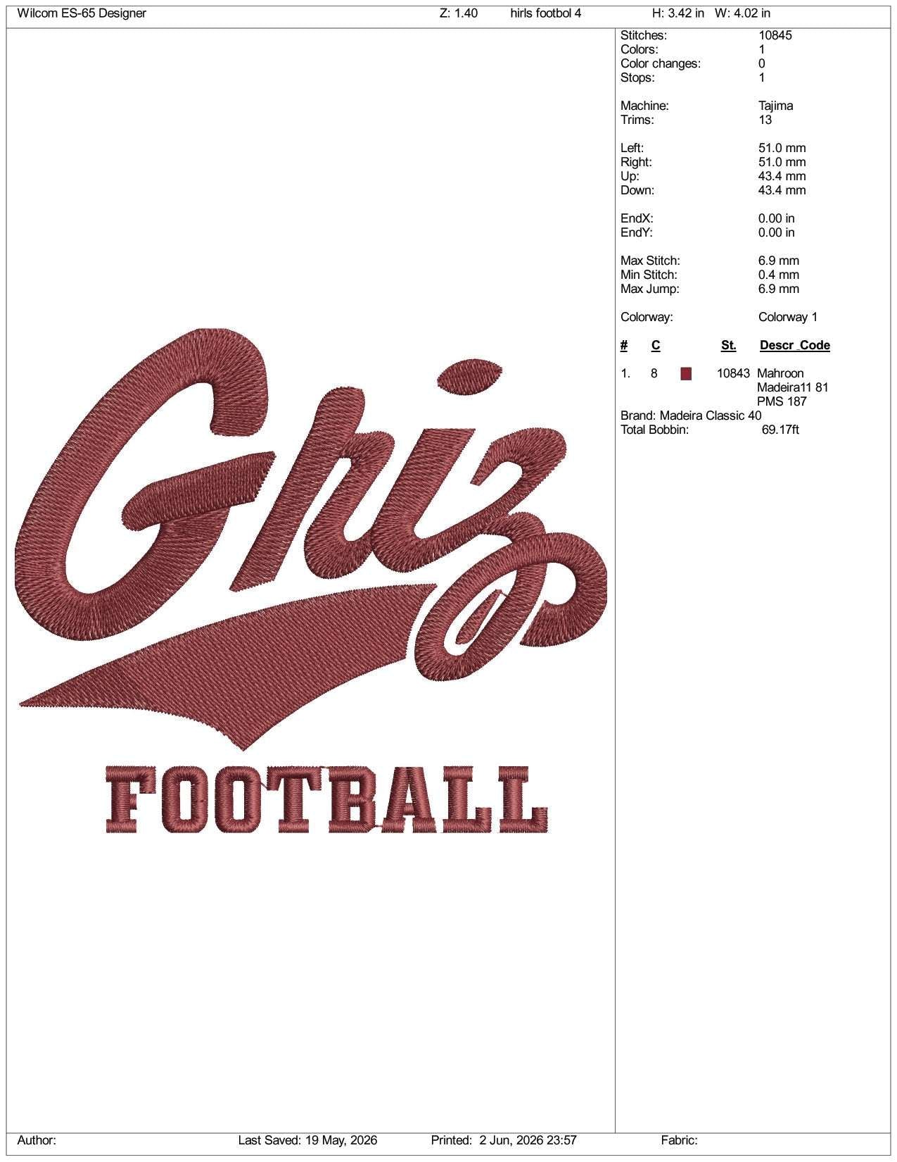 Montana Grizzlies Football Logo Embroidery Design Files - 3 Size's