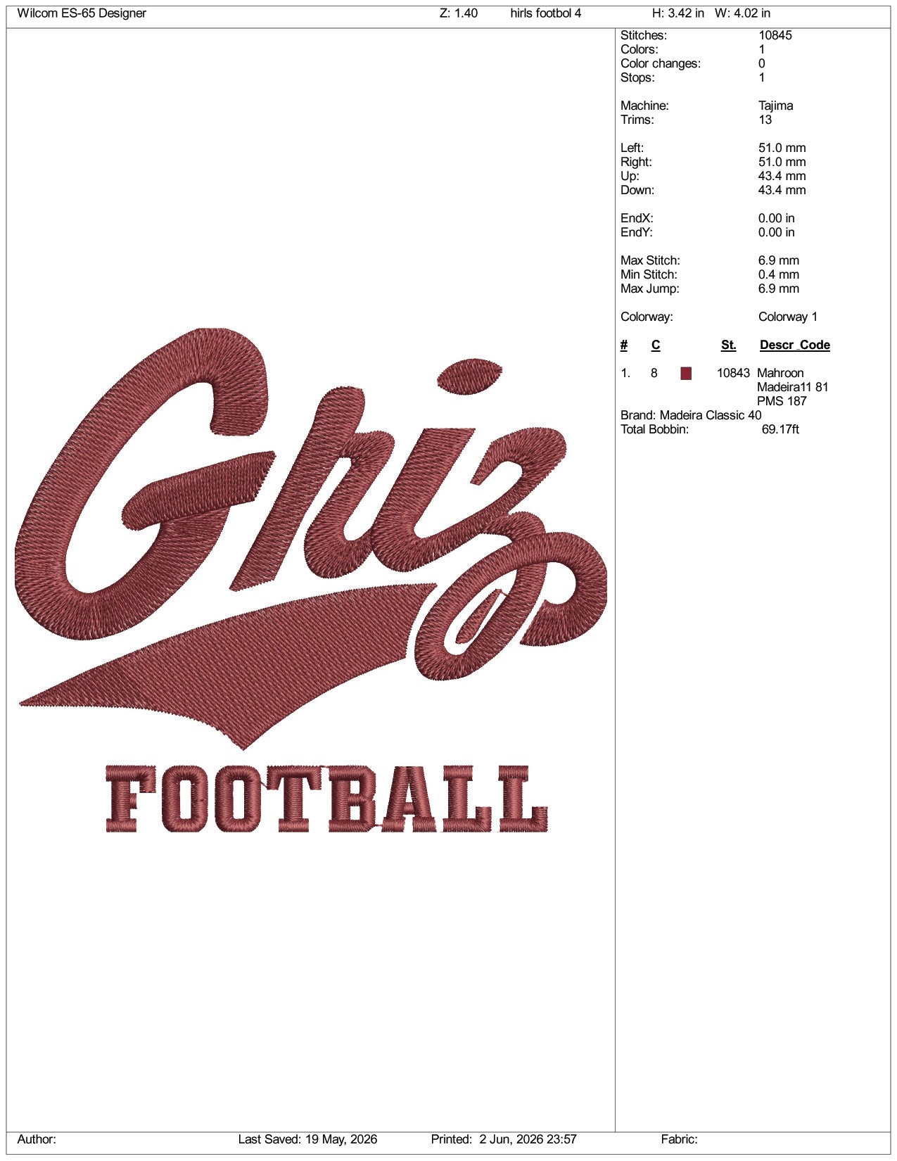 Montana Grizzlies Football Logo Embroidery Design Files - 3 Size's