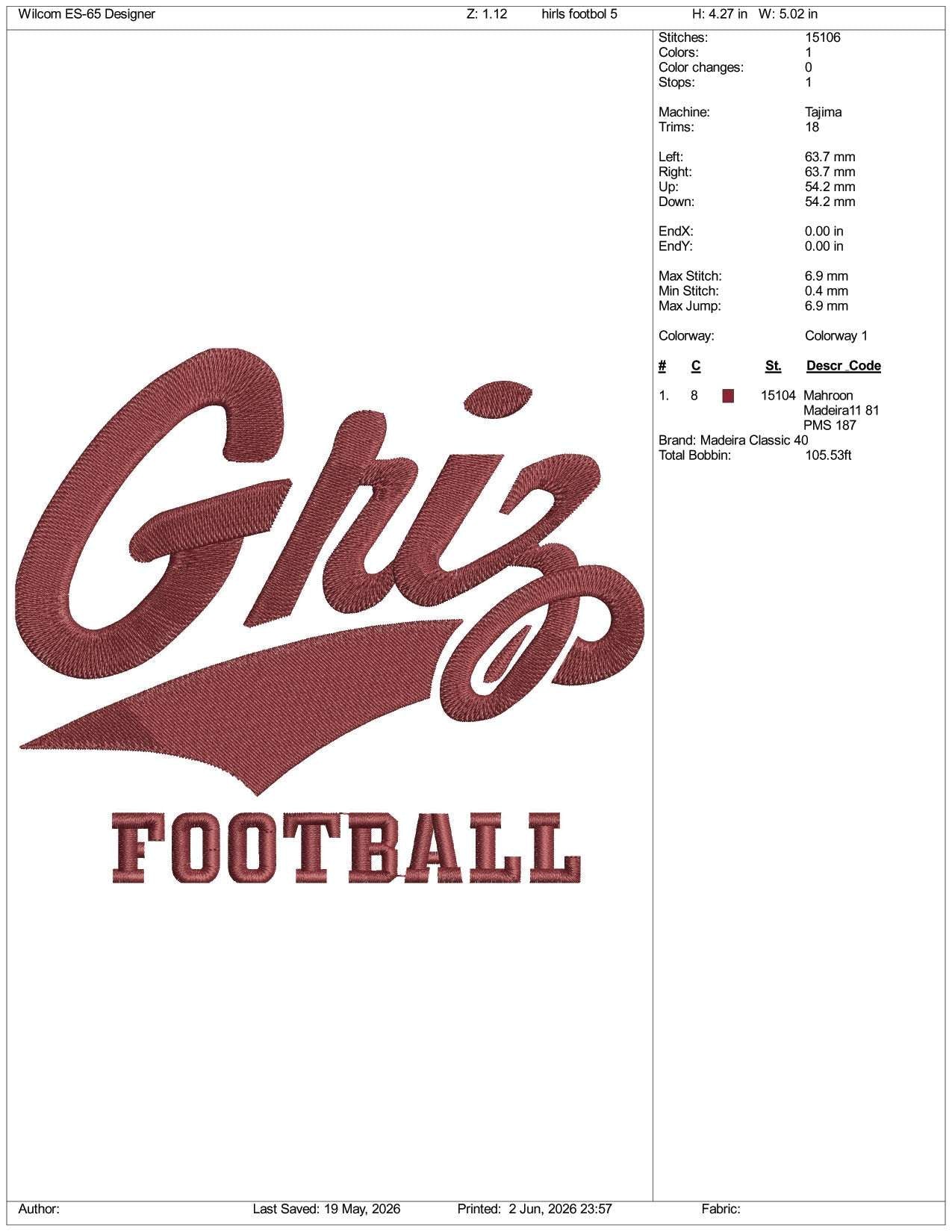 Montana Grizzlies Football Logo Embroidery Design Files - 3 Size's