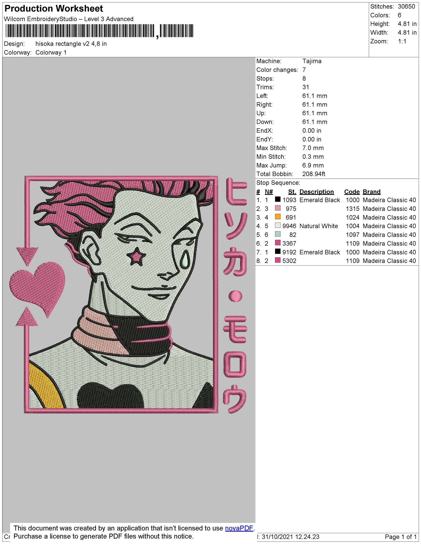 Hisoka v4 Embroidery Design Files - 4 Size's
