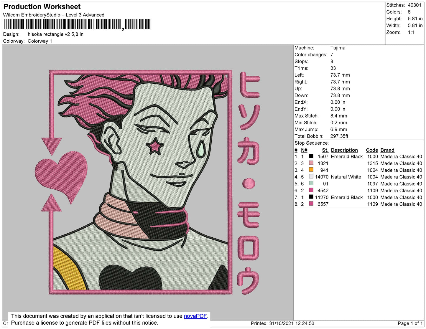 Hisoka v4 Embroidery Design Files - 4 Size's