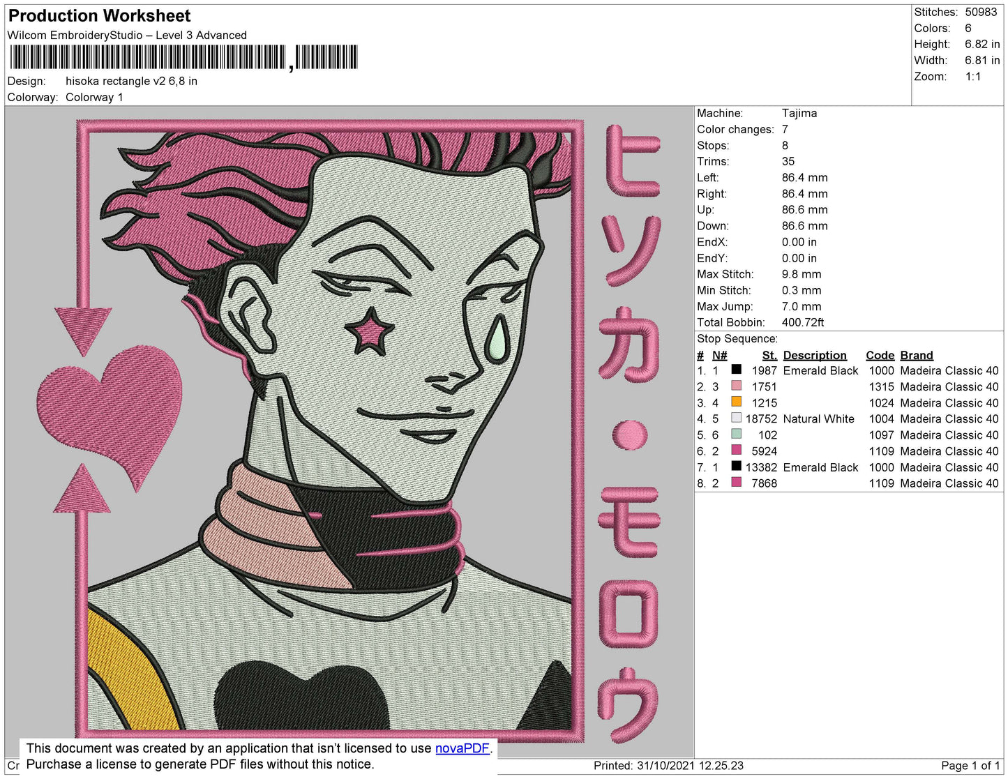Hisoka v4 Embroidery Design Files - 4 Size's