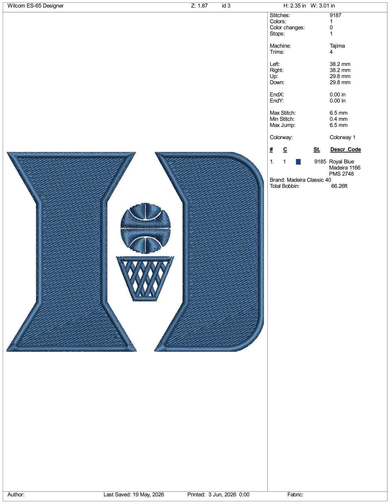 Duke Basketball Logo Embroidery Design Files - 3 Size's