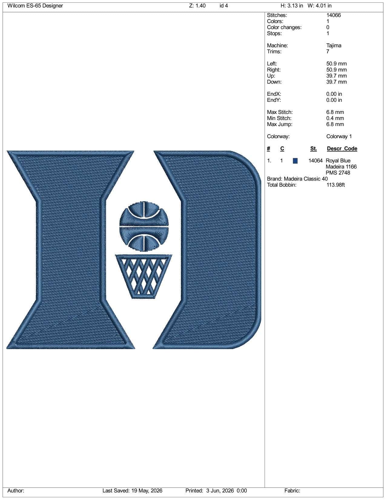 Duke Basketball Logo Embroidery Design Files - 3 Size's