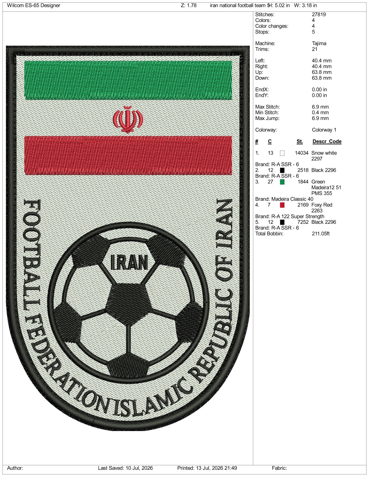Iran National Football Team Logo Embroidery Design Files - 3 Size's