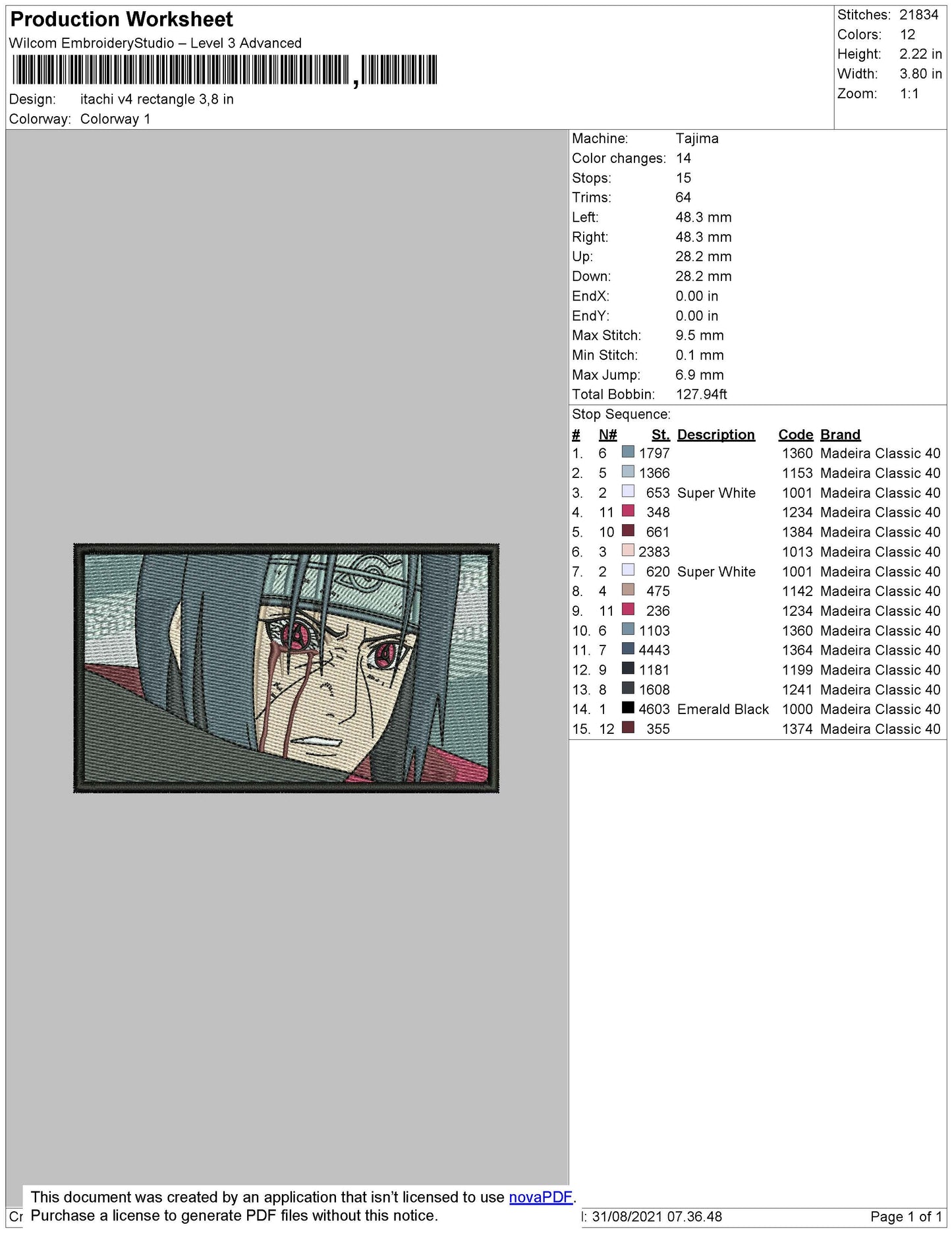 Itachi Uchiha v16 Embroidery Design Files - 4 Size's
