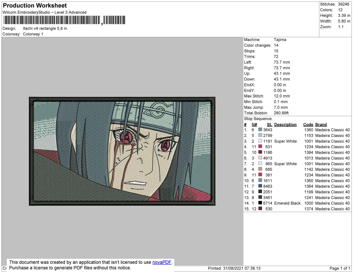 Itachi Uchiha v16 Embroidery Design Files - 4 Size's