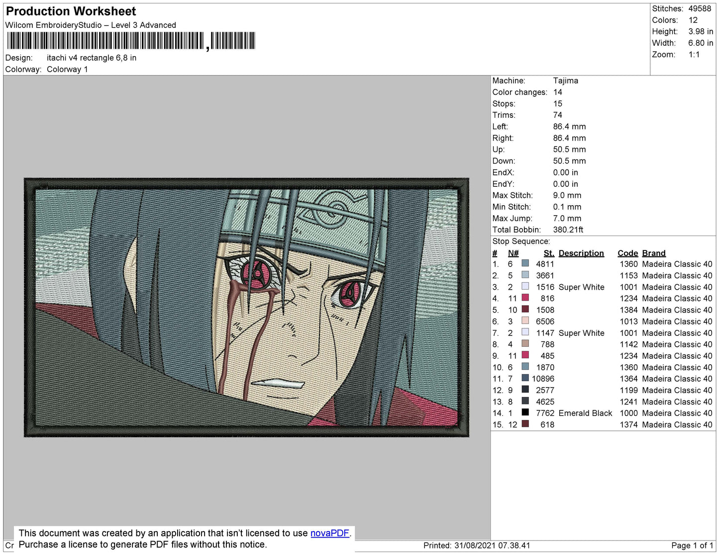 Itachi Uchiha v16 Embroidery Design Files - 4 Size's