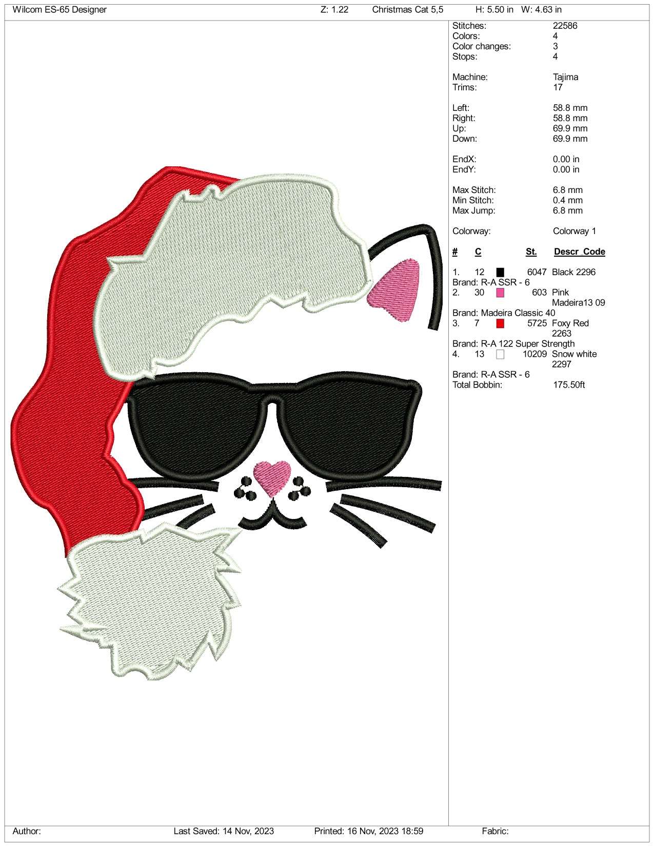 Christmas Santa Cat Embroidery Design Files - 3 Size's