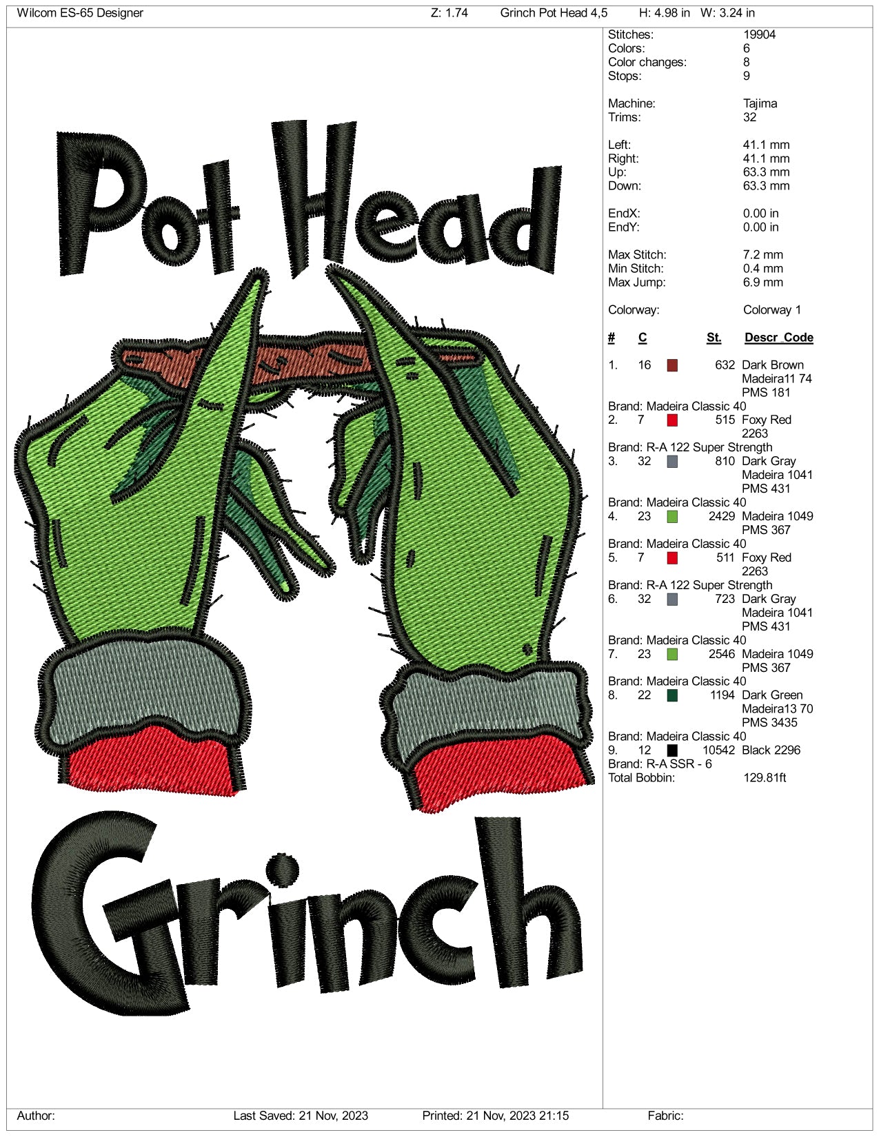 Pot Head Grinch v2 Embroidery Design Files - 3 Size's