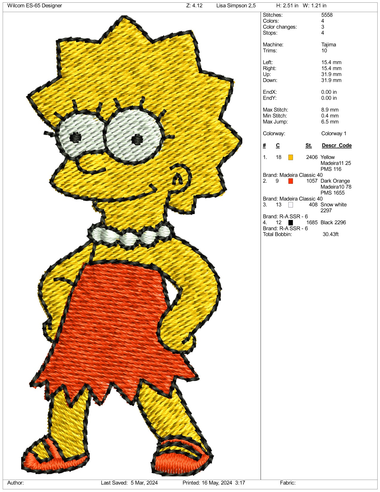 Lisa Simpson Embroidery Design Files - 3 Sizes