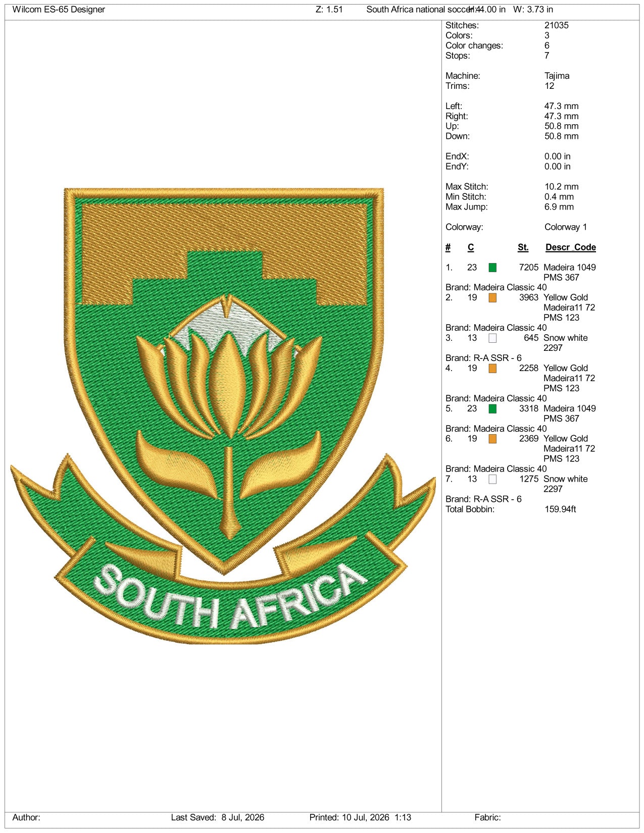 South Africa National Soccer Logo Embroidery Design Files - 3 Size's