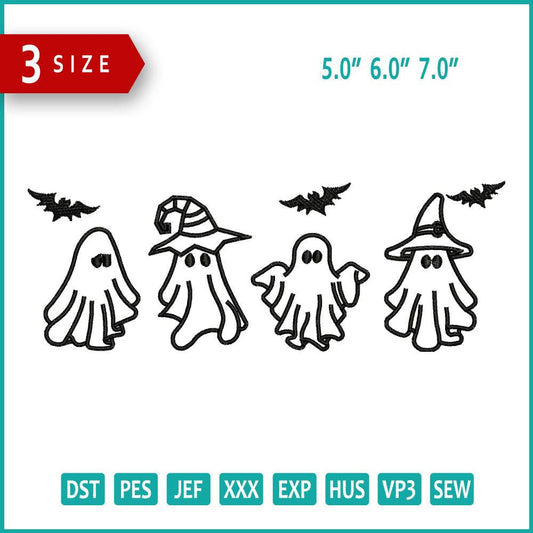 4 Ghost Embroidery Design Files - 3 Size's