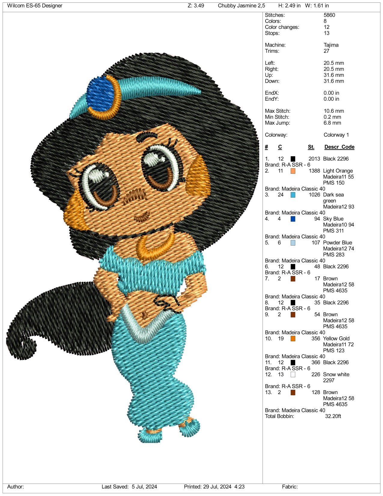 Chibi Jasmine Embroidery Design Files - 3 Size's