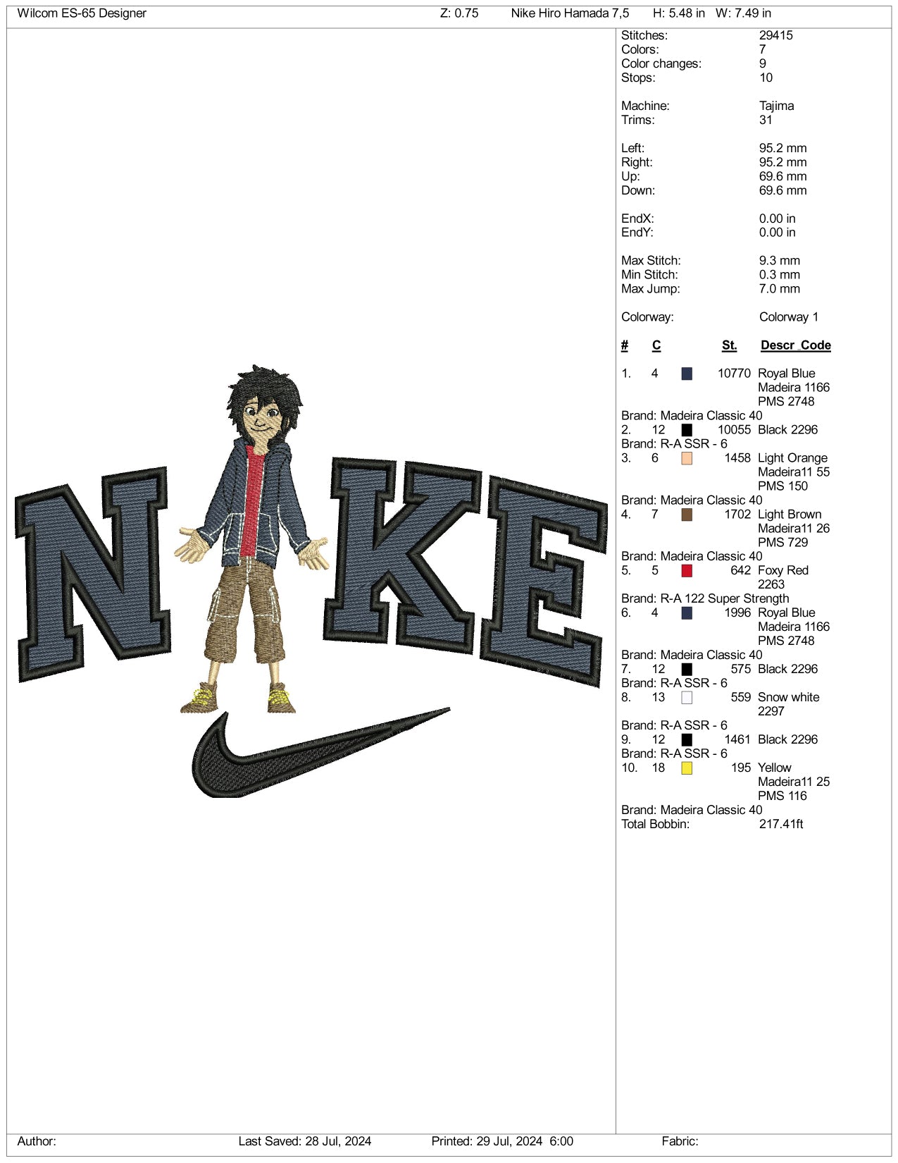 Nike Hiro Hamada Embroidery Design Files - 3 Size's