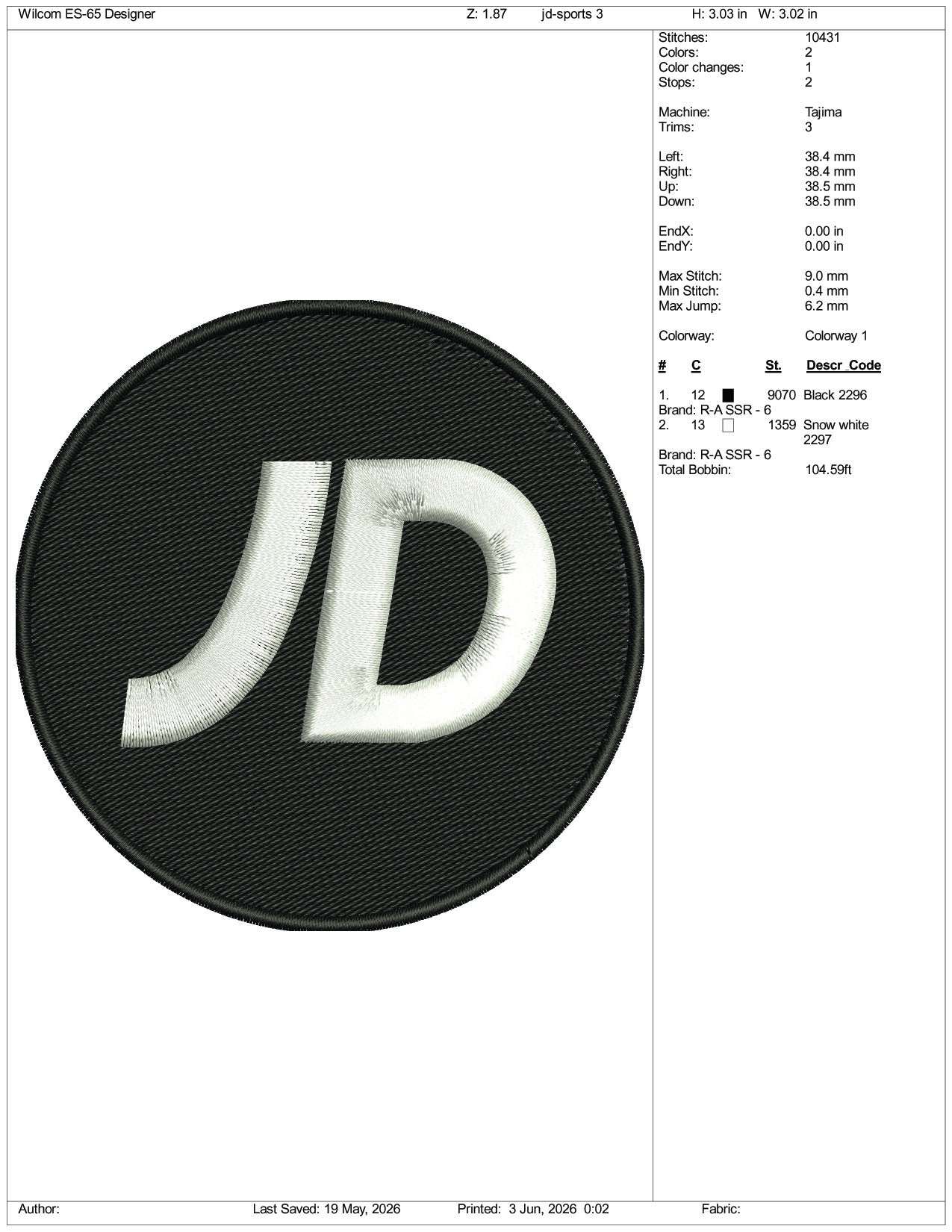 JD Sports Logo Embroidery Design Files - 3 Size's