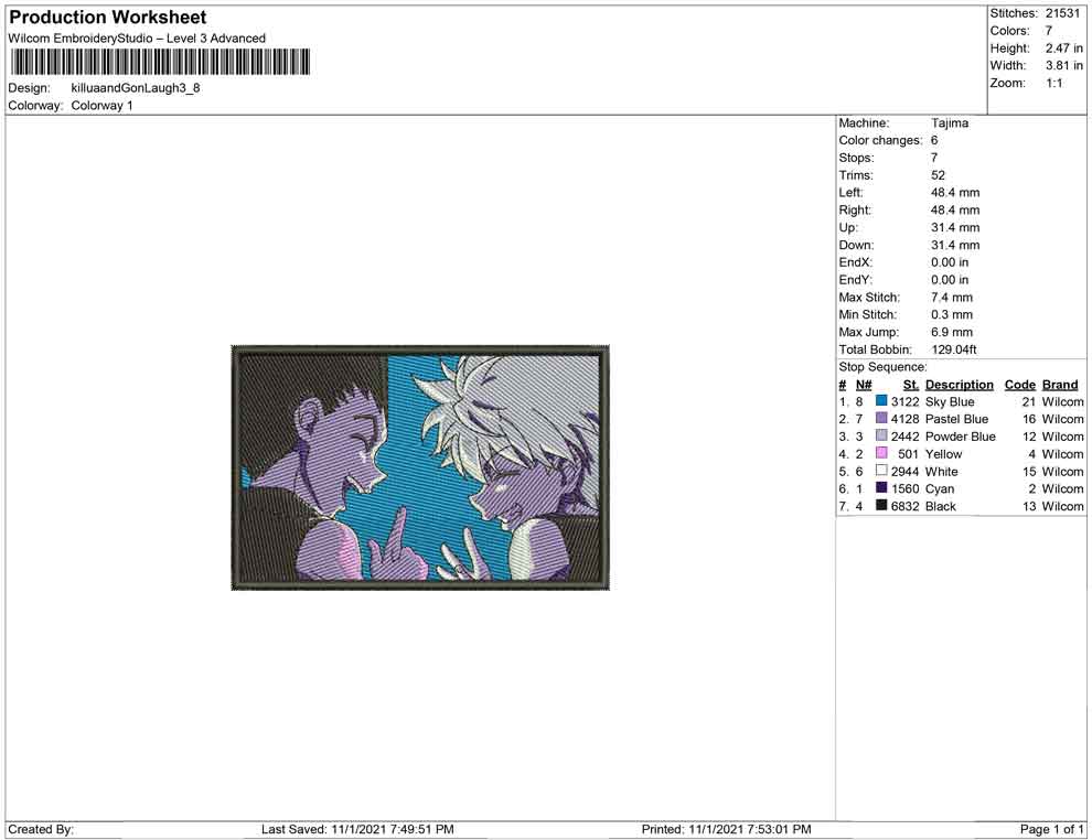 Killua Zoldyck v11 Embroidery Design Files - 4 Size's