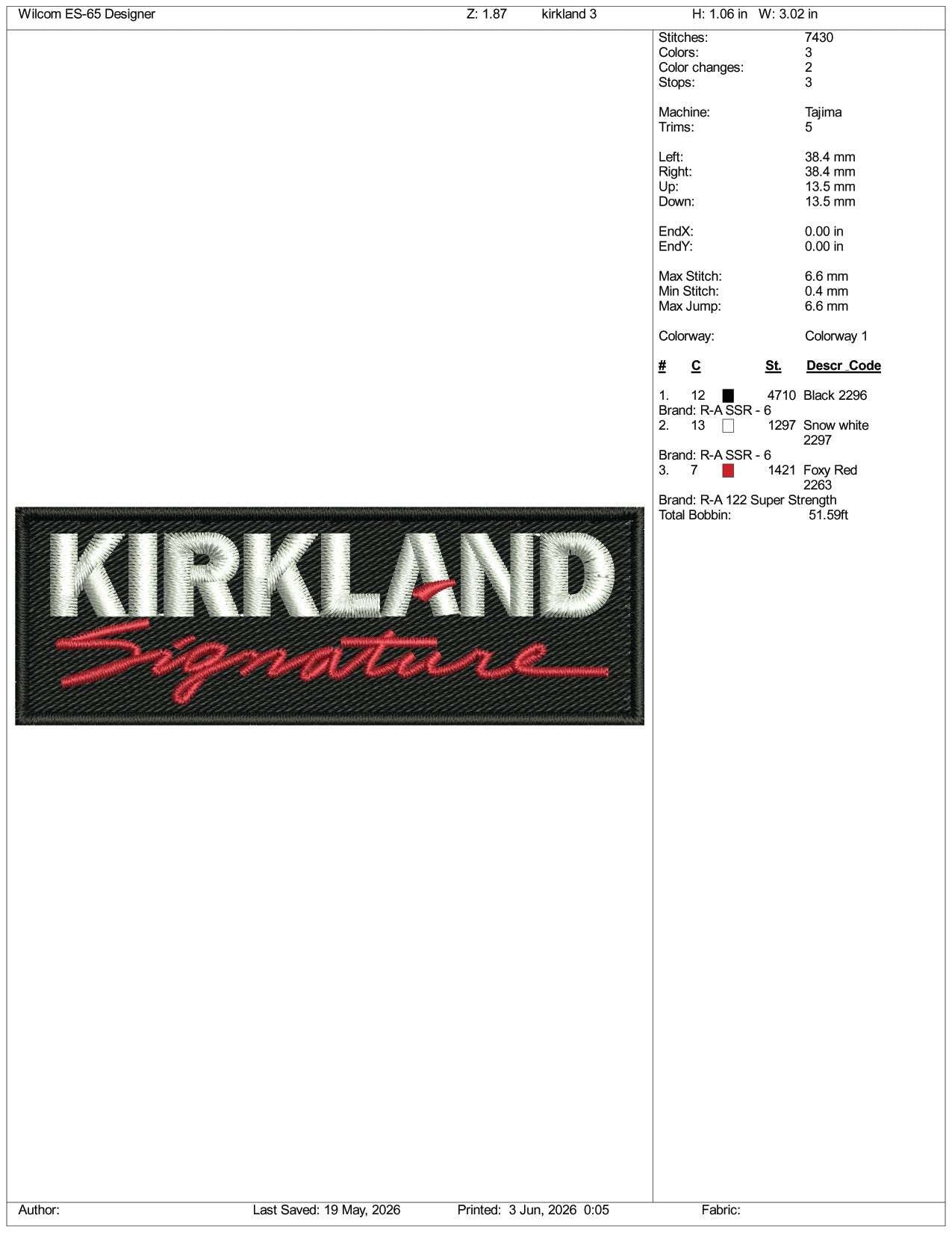 Kirkland Signature Logo Embroidery Design Files - 3 Size's