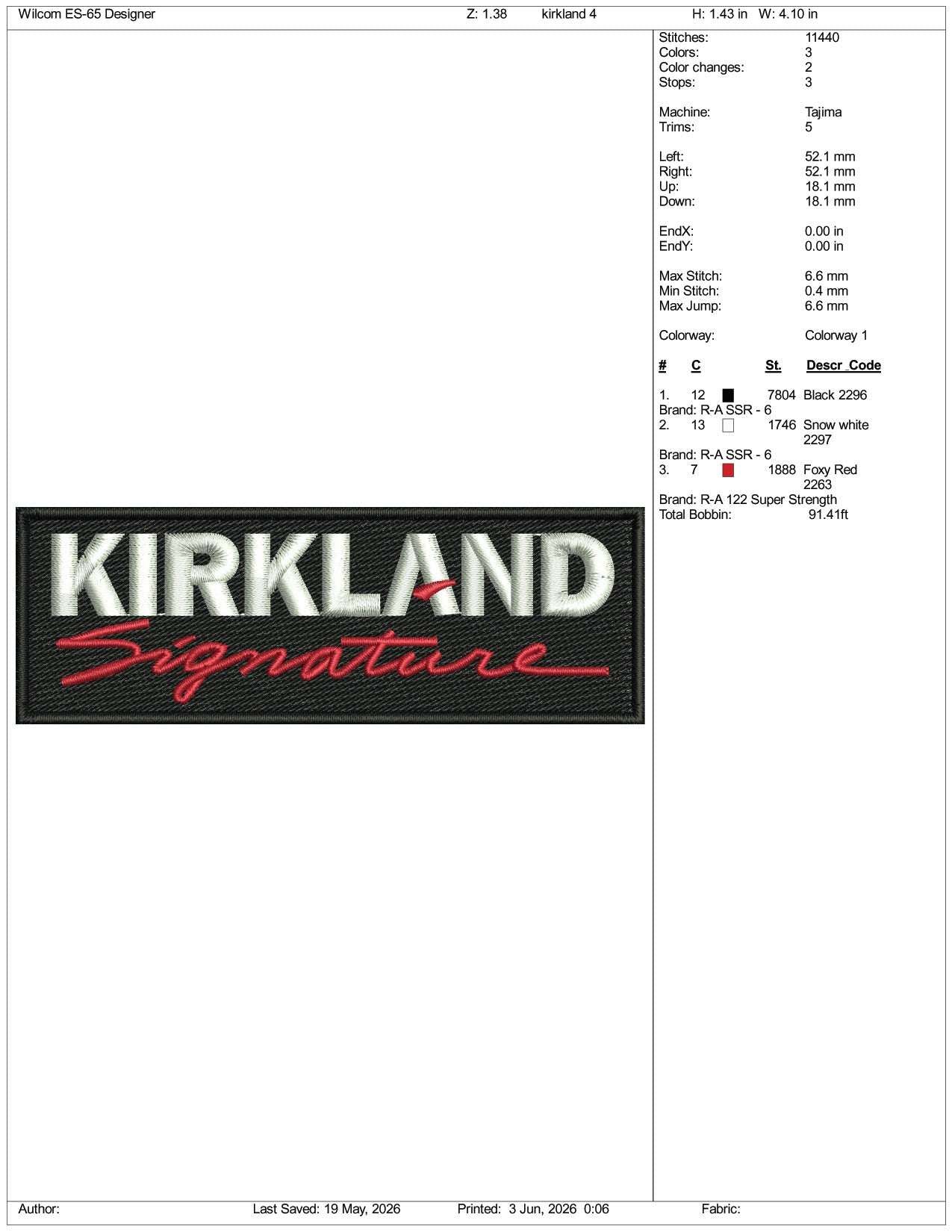 Kirkland Signature Logo Embroidery Design Files - 3 Size's