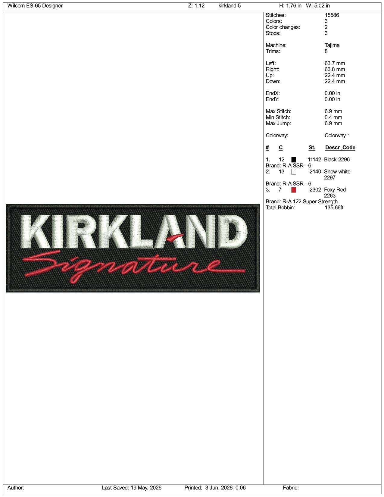 Kirkland Signature Logo Embroidery Design Files - 3 Size's