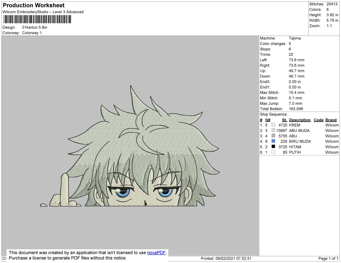 Killua Zoldyck v9 Embroidery Design Files - 5 Size's