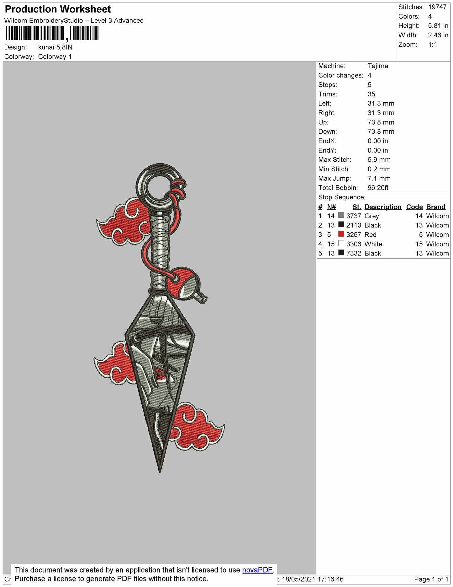 kunai Embroidery Design Files - 5 Size's