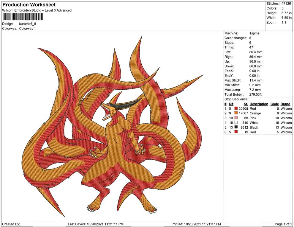 Kurama Embroidery Design Files - 4 Size's
