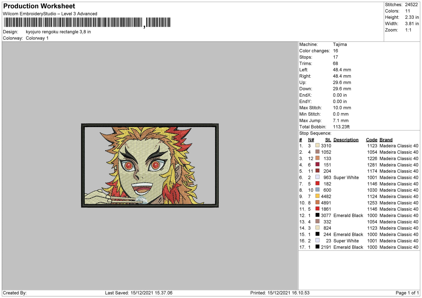 Kyojuro Rengoku v3 Embroidery Design Files - 4 Size's