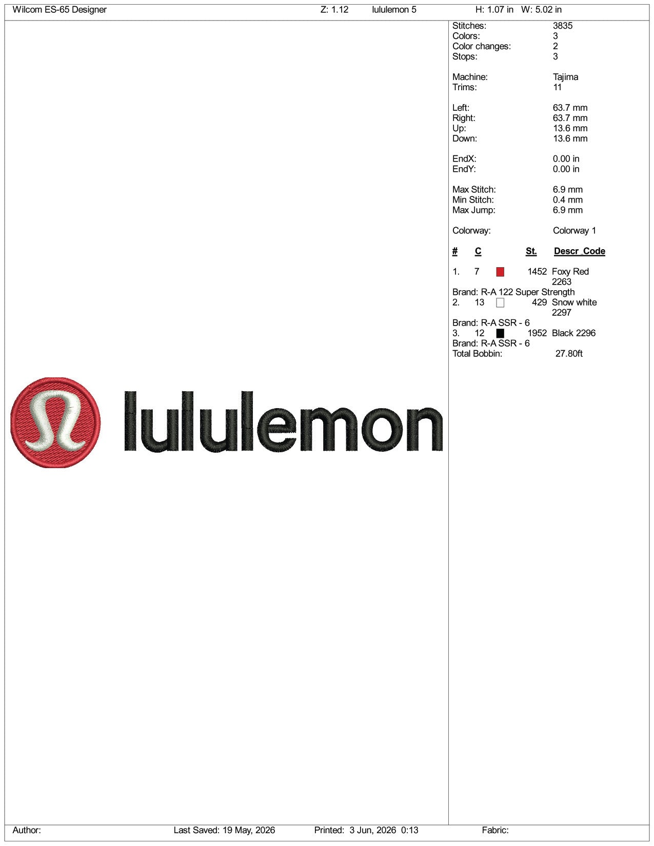 Lululemon Athletica Logo Embroidery Design Files - 3 Size's