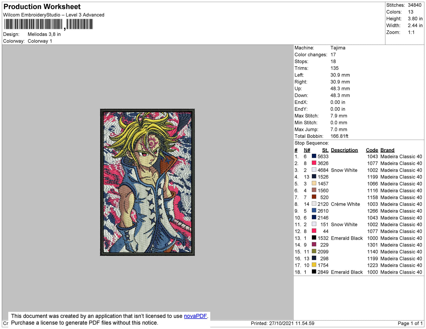 Meliodas v2 Embroidery Design Files - 4 Size's