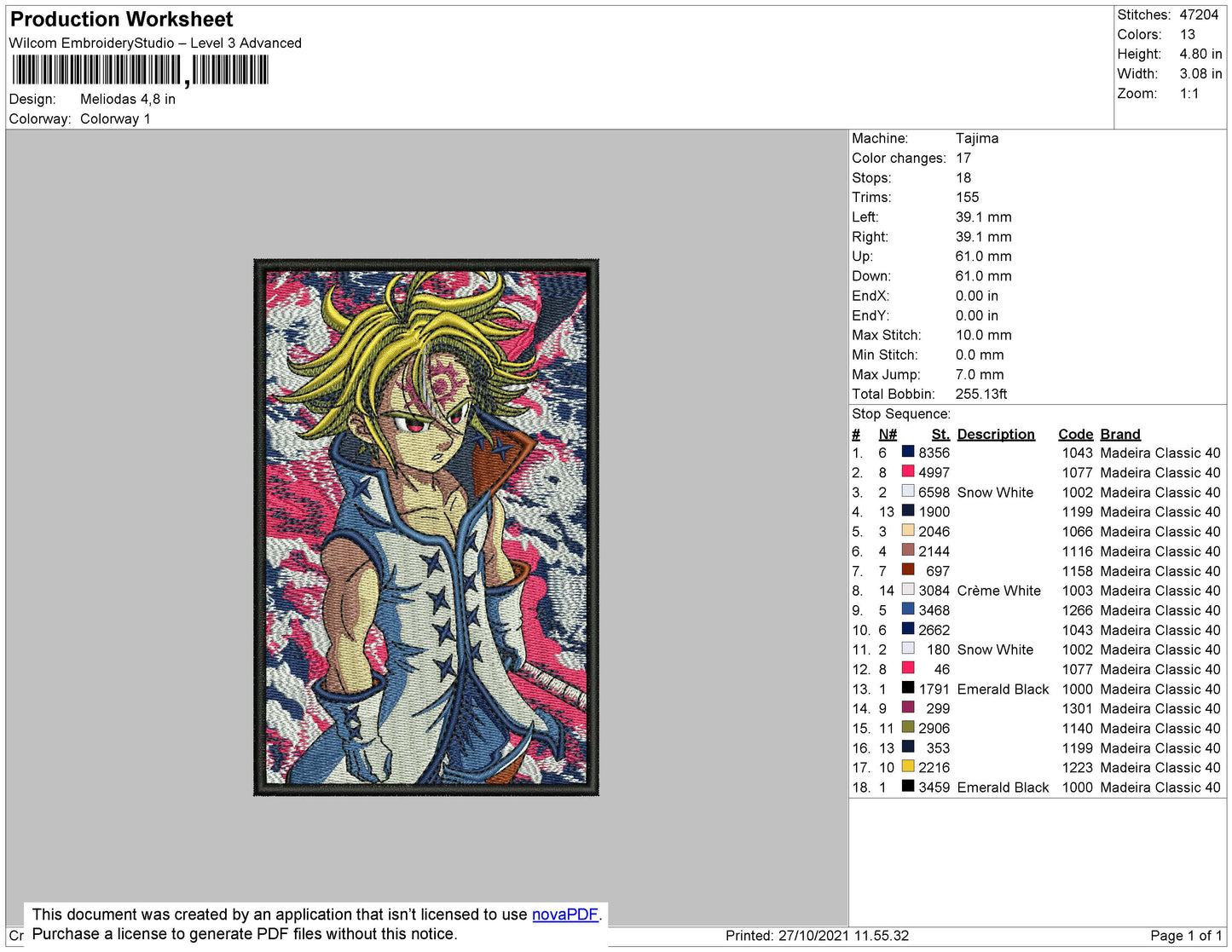 Meliodas v2 Embroidery Design Files - 4 Size's