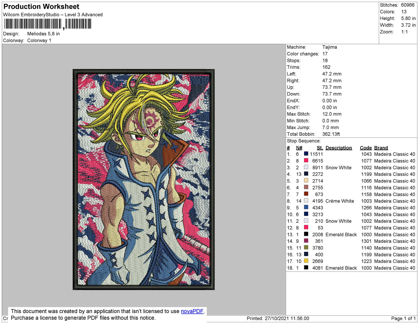 Meliodas v2 Embroidery Design Files - 4 Size's