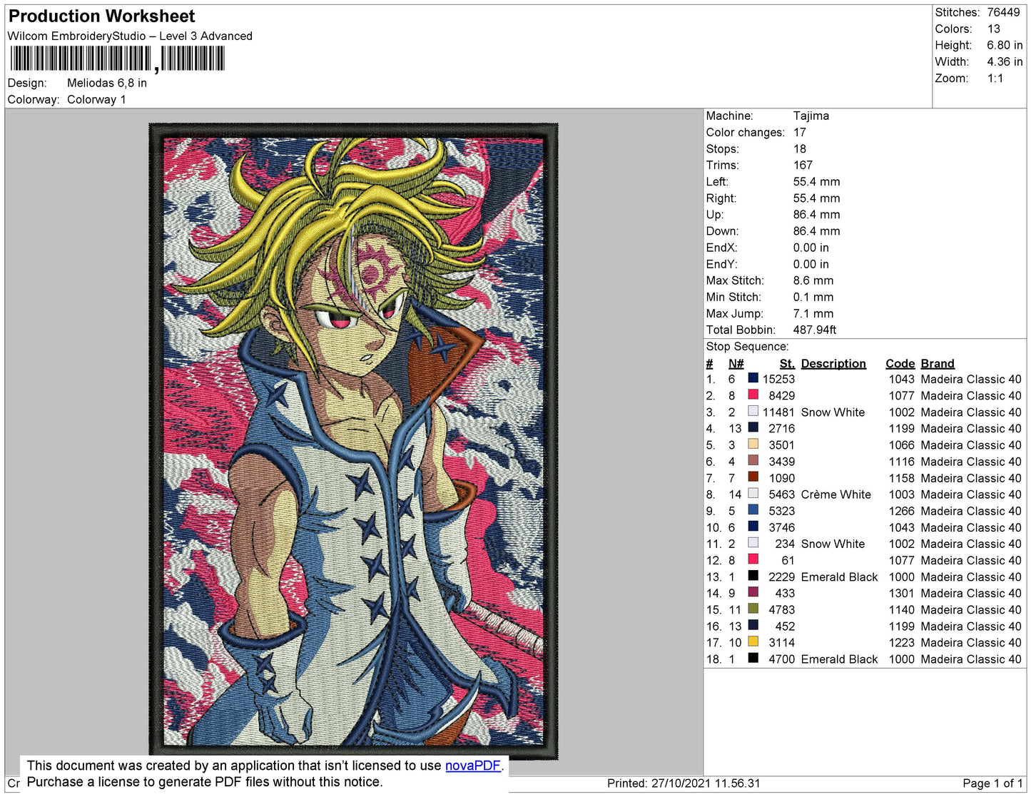 Meliodas v2 Embroidery Design Files - 4 Size's