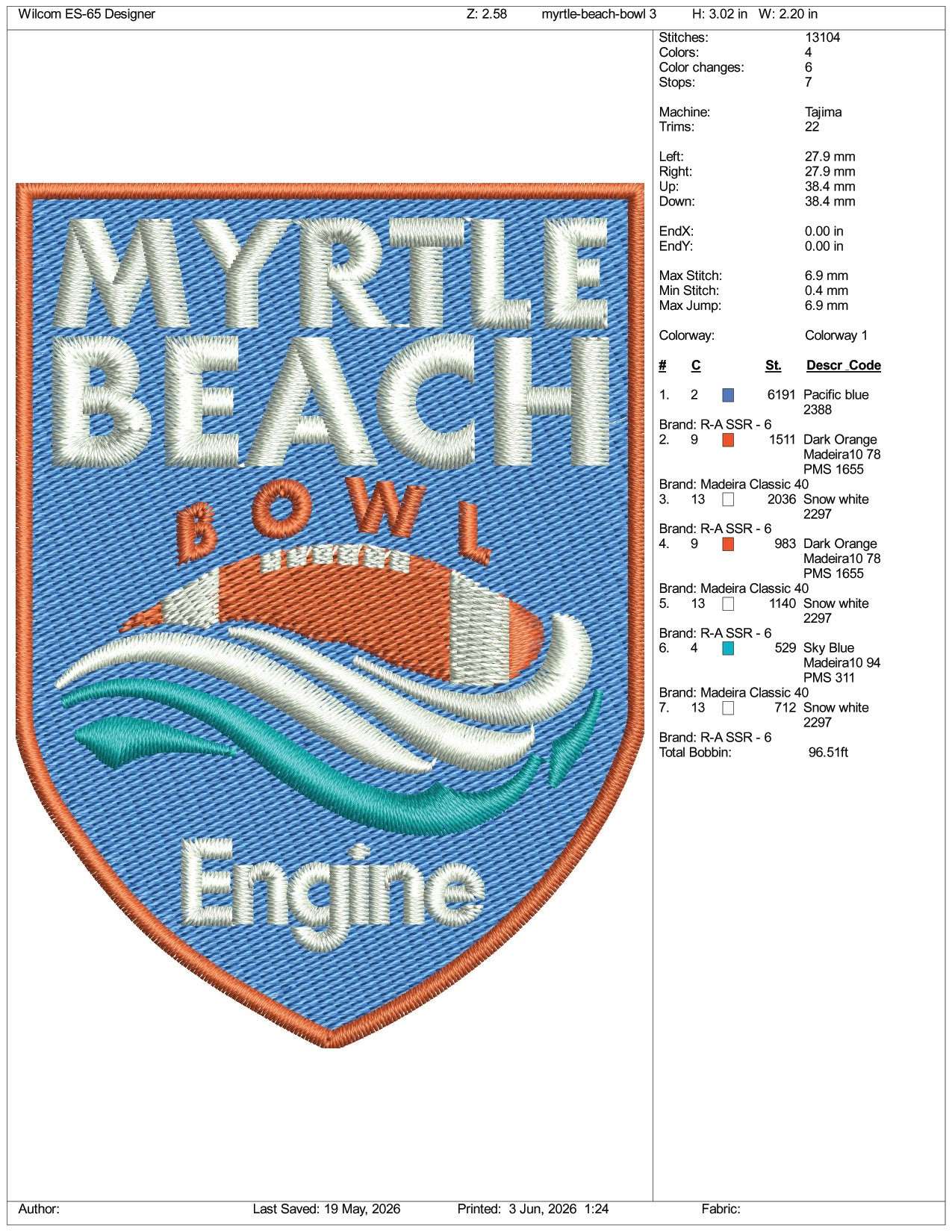Myrtle Beach Bowl Engine Logo Embroidery Design Files - 3 Size's