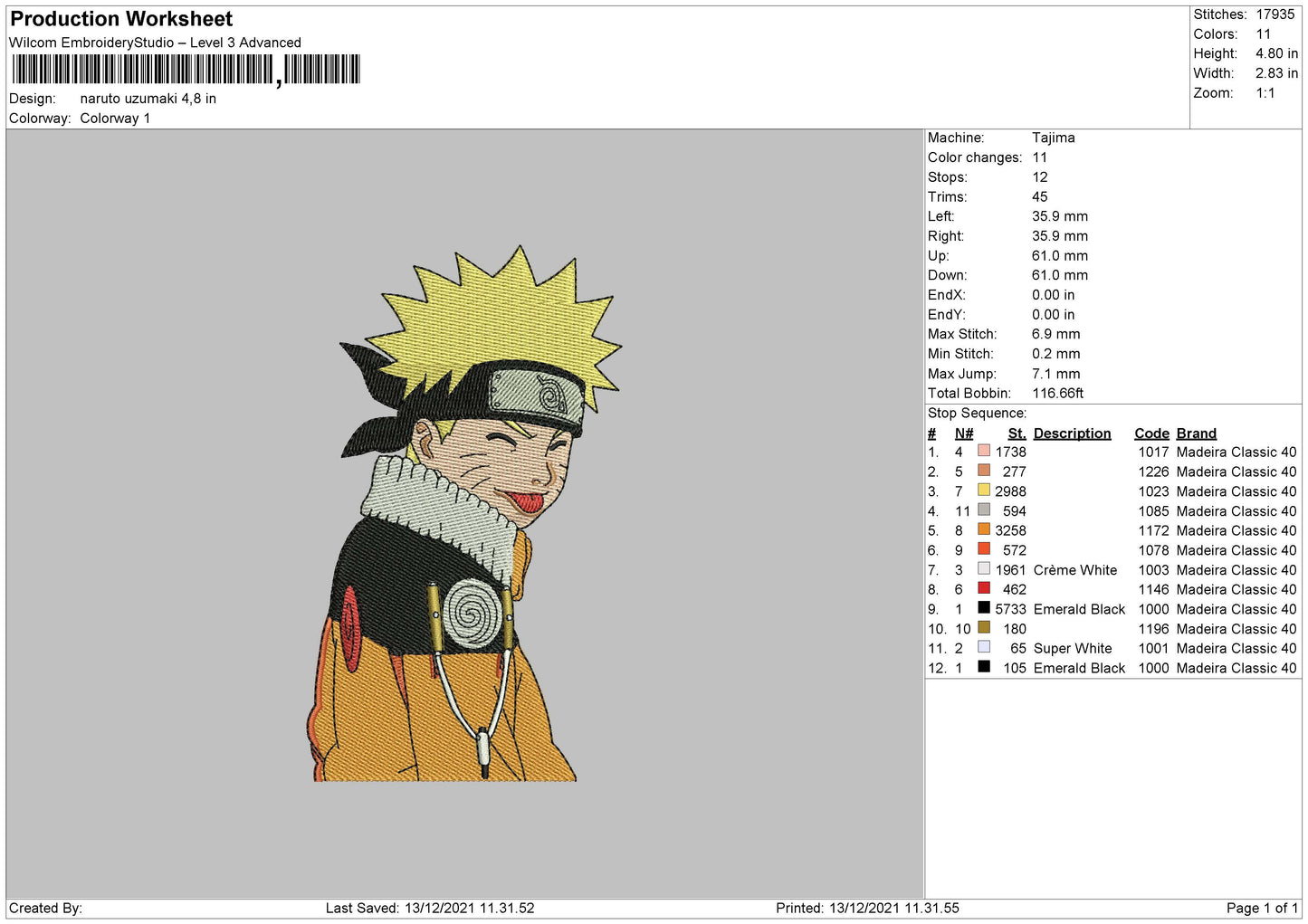 Naruto Uzumaki v11 Embroidery Design Files - 4 Size's