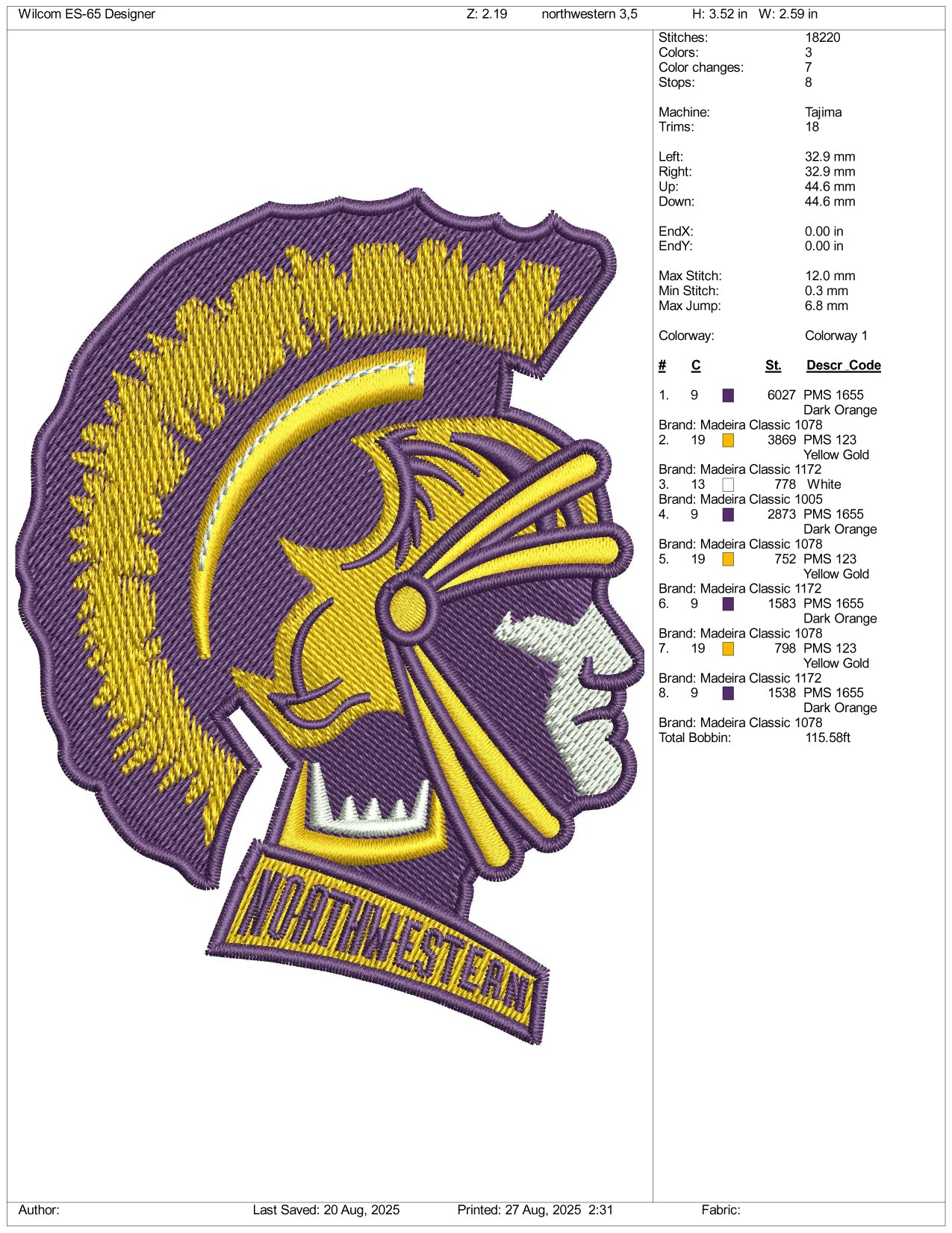 North Western Warrior Embroidery Design Files - 3 Size's