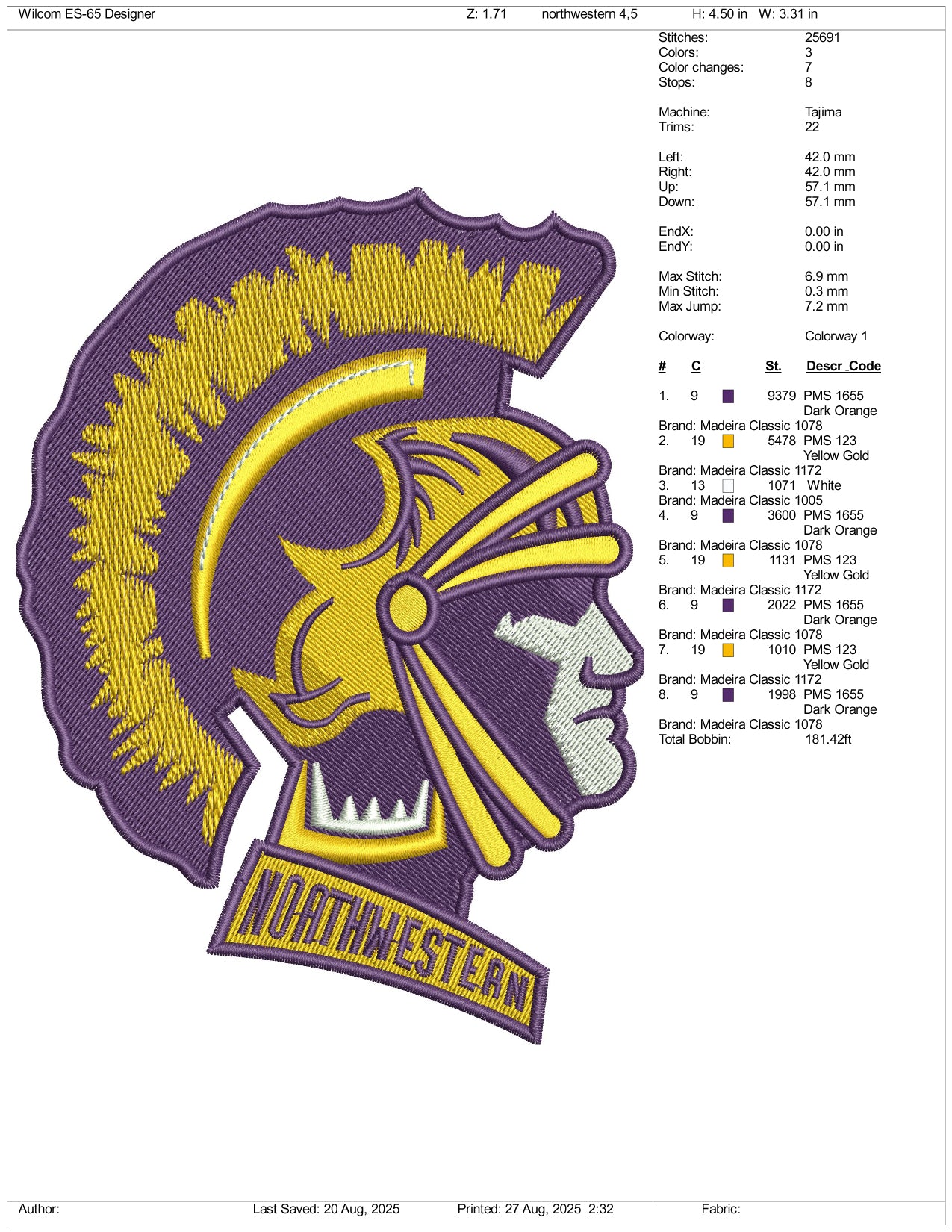 North Western Warrior Embroidery Design Files - 3 Size's