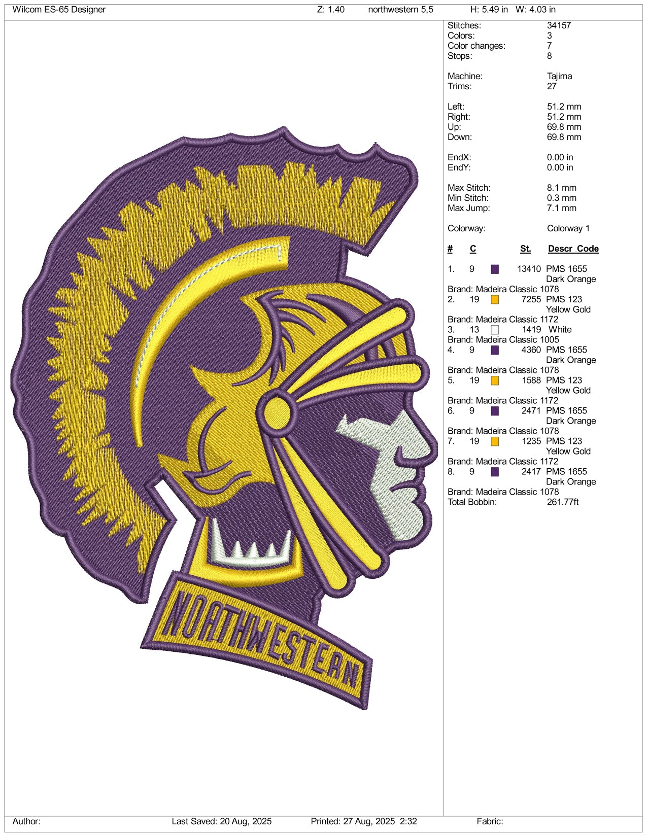 North Western Warrior Embroidery Design Files - 3 Size's