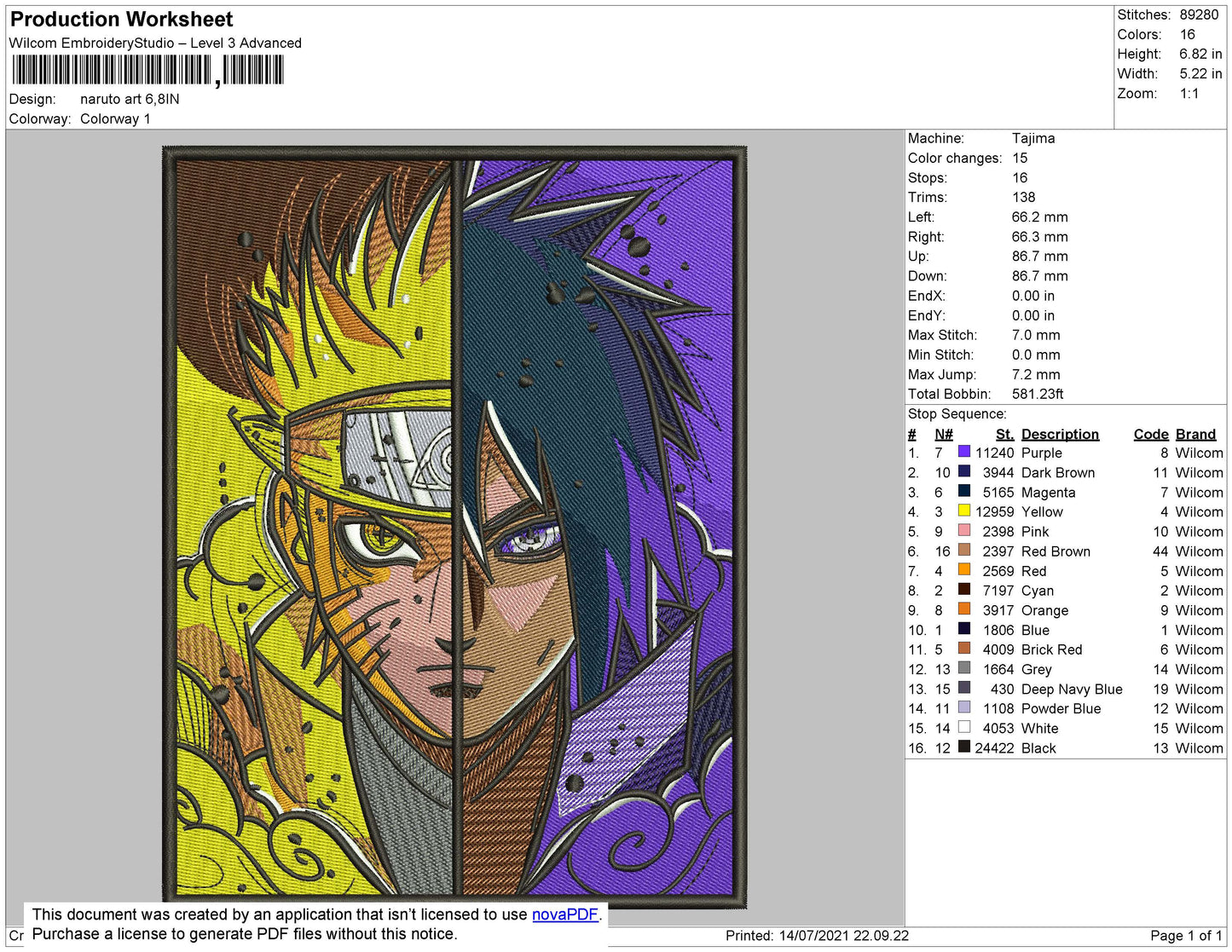 Naruto and Sasuke Half Face Embroidery Design Files - 4 Size's