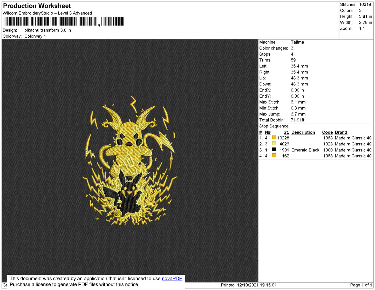 Pikachu Thunder Embroidery Design Files - 4 Size's
