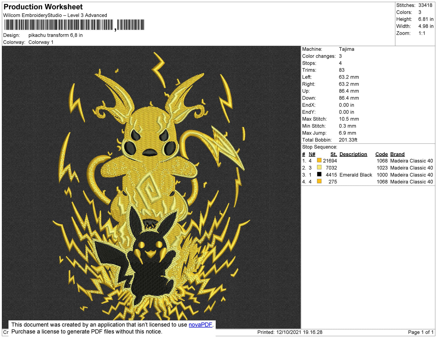 Pikachu Thunder Embroidery Design Files - 4 Size's