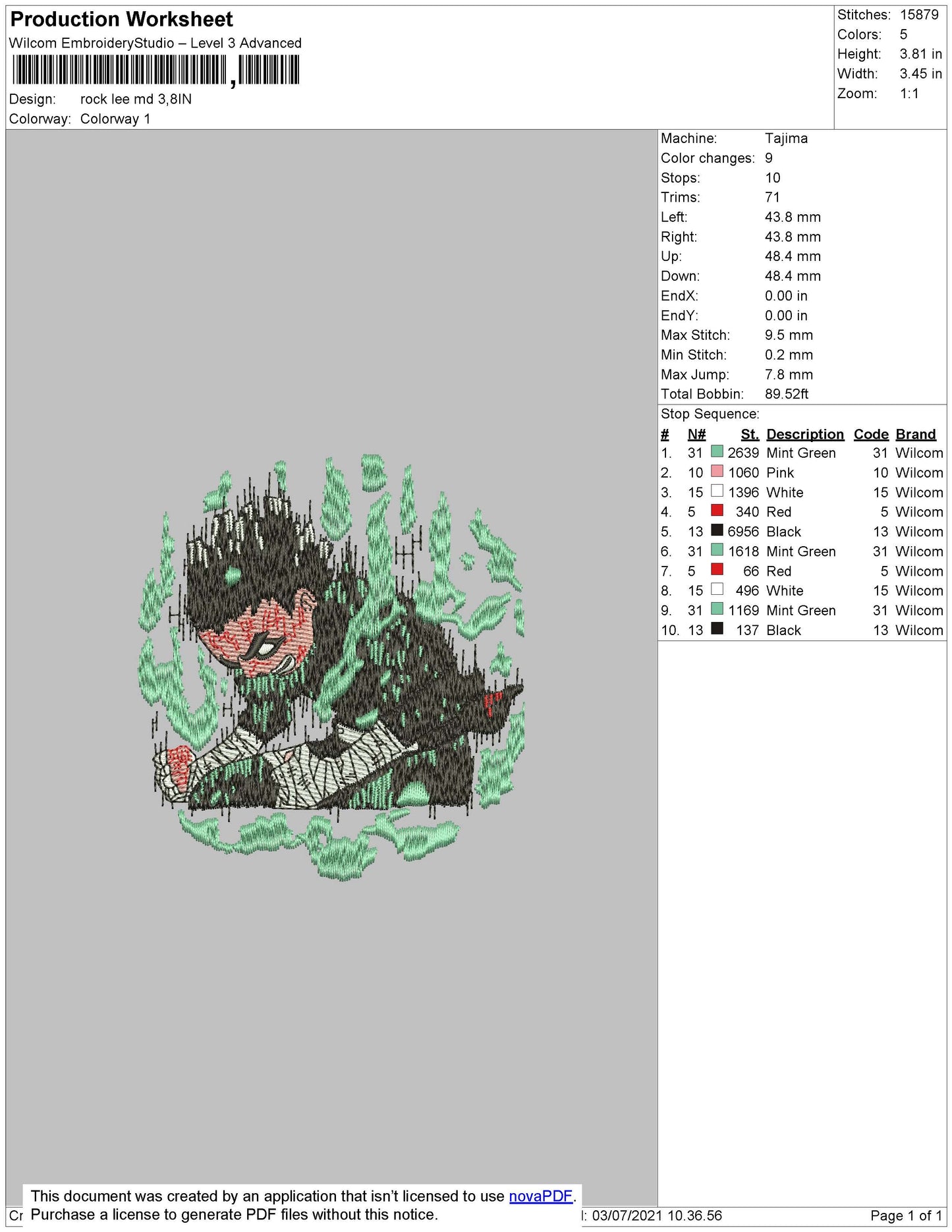Naruto Rock Lee v3 Embroidery Design Files - 4 Size's