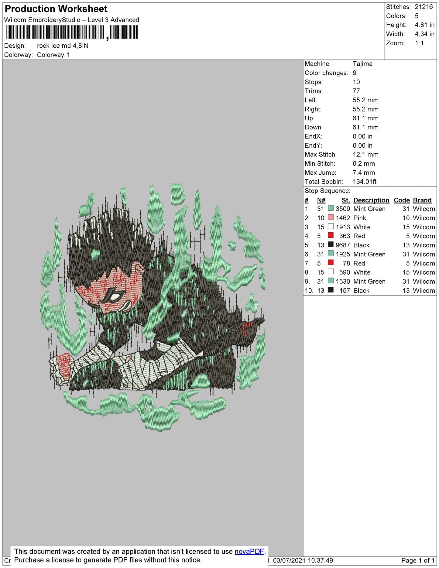 Naruto Rock Lee v3 Embroidery Design Files - 4 Size's