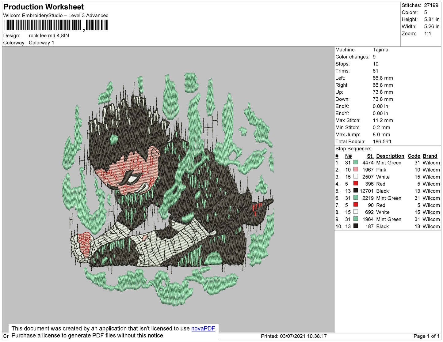 Naruto Rock Lee v3 Embroidery Design Files - 4 Size's