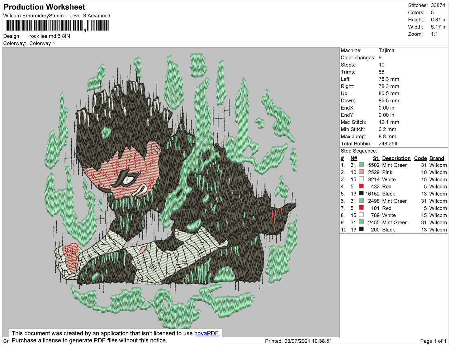 Naruto Rock Lee v3 Embroidery Design Files - 4 Size's