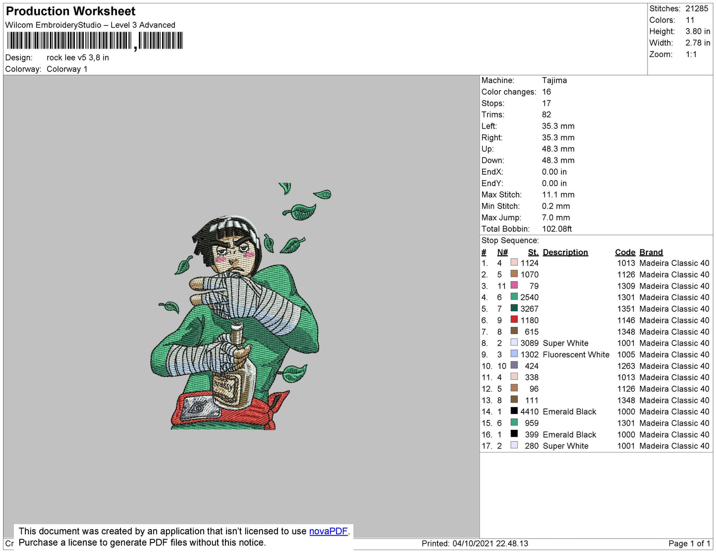 Rock Lee Embroidery Design Files - 4 Size's