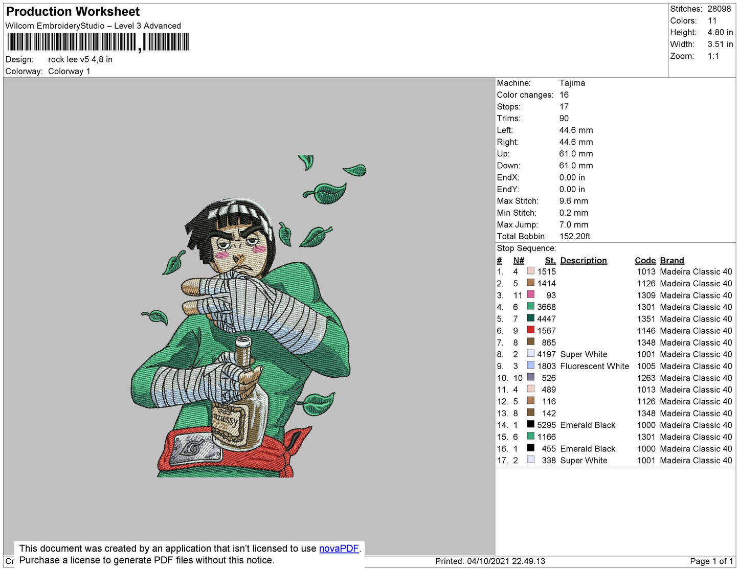 Rock Lee Embroidery Design Files - 4 Size's