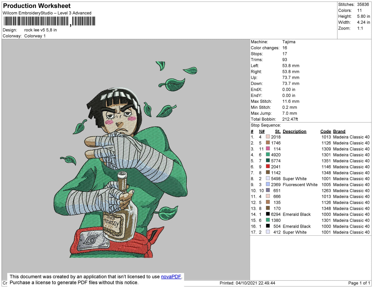 Rock Lee Embroidery Design Files - 4 Size's