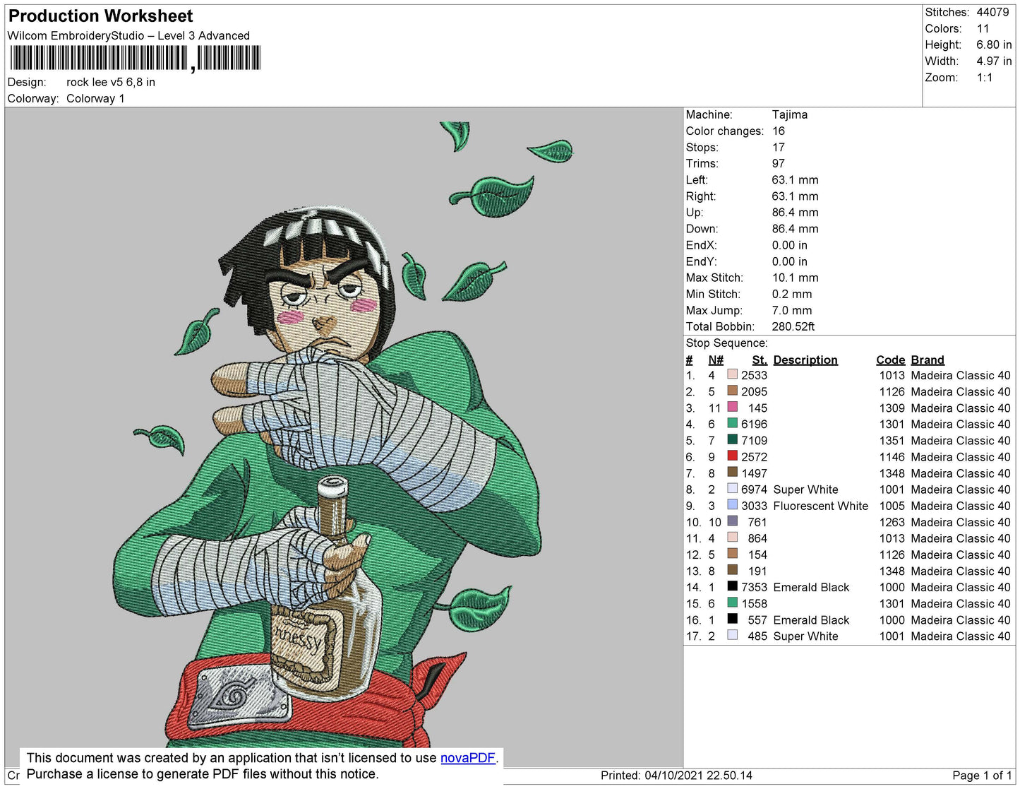 Rock Lee Embroidery Design Files - 4 Size's